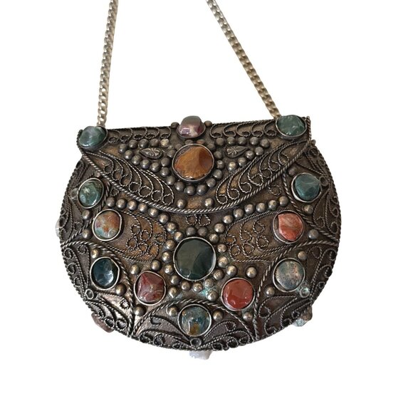 Vintage Sajai inlaid natural agate stones gems metal evening purse from India - Picture 4 of 12